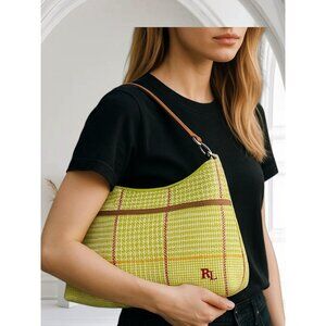 Ralph Lauren Womens Green Yellow Plaid Summer Shoulder Bag With Leather Strap
